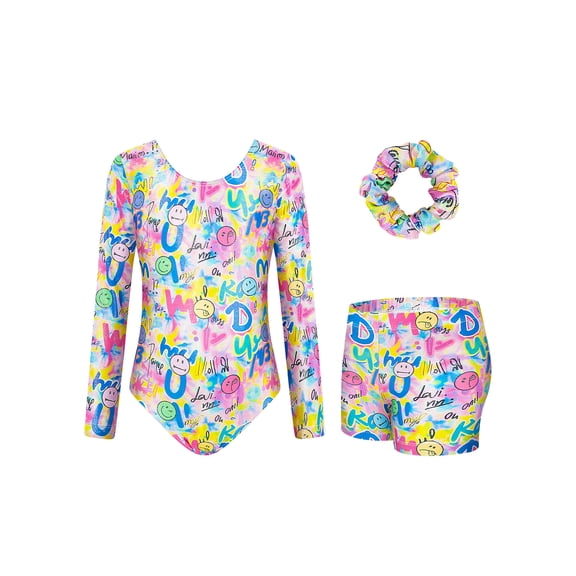 Girls Gymnastics Leotards Smile Face Graffiti Long Sleeve 3-Piece Set with Shorts & Hair Scrunchie