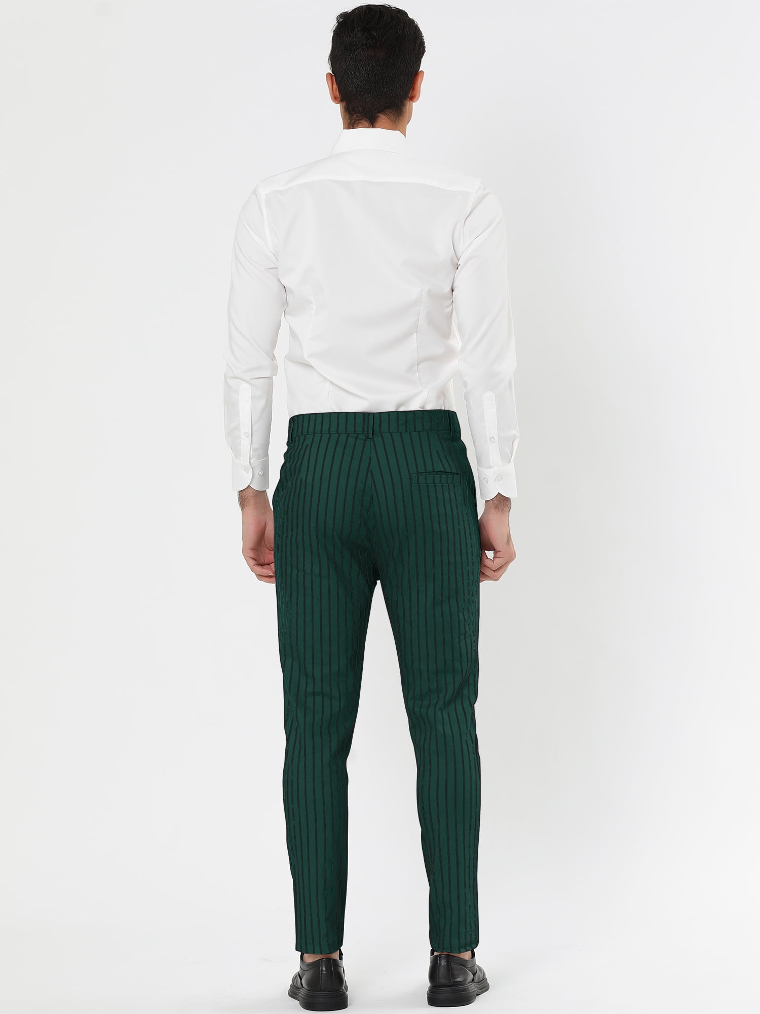 Unique Bargains Men's Striped Pants Slim Fit Flat Front Business Dress Trousers 32 Green Black