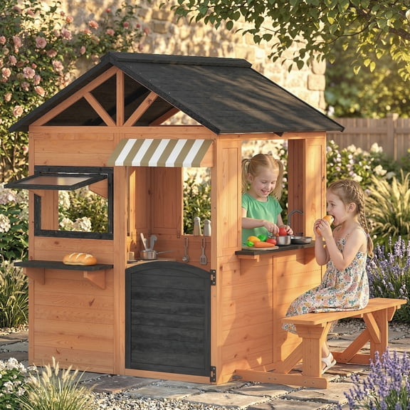 Qaba Outdoor Playhouse, Wooden Kids Playhouse with Play Kitchen, Picnic Bench, Serving Station, Windows and Door for Backyard, Ages 3–8, Brown