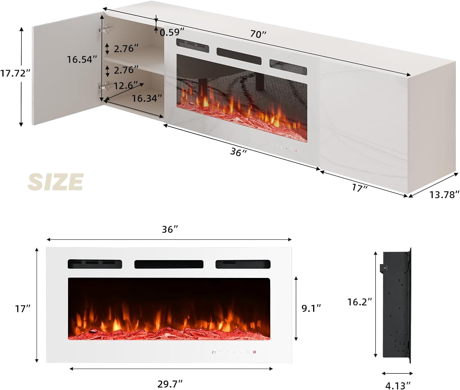 MELLCOM 70'' Floating Fireplace TV Stand with 36'' Electric Fireplace, Entertainment Center with 12 Color Led Lights, TV Console for TVs up to 80'' for Living Room, White