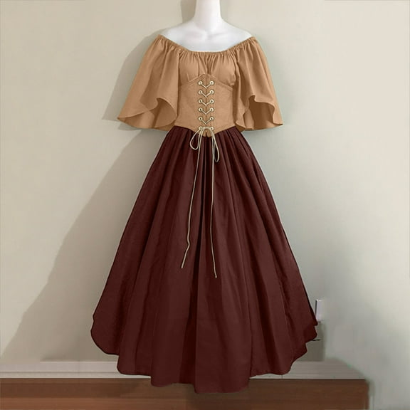 OKSALE Womens Lace Up Corset Dresses Medieval Renaissance Dress Retro Off the Shoulder Dresses Flare Sleeve Gown Dress Short Sleeve Dress for Evening Party