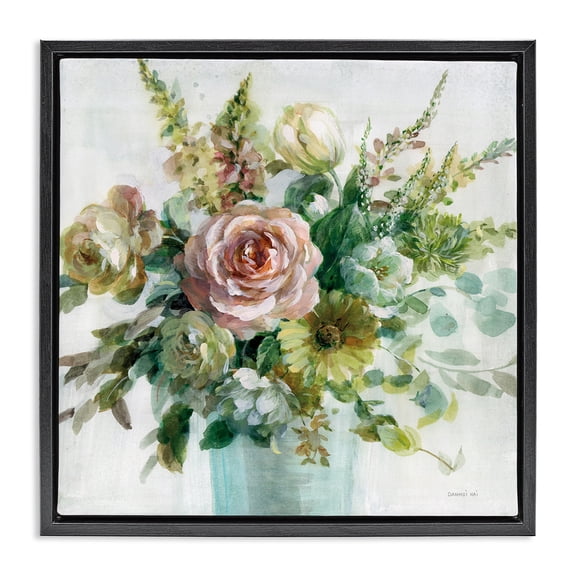 Stupell Industries Farmhouse Sage & Peach Flowers Black Floating Frame Canvas Art, 18 x 18, by Danhui Nai