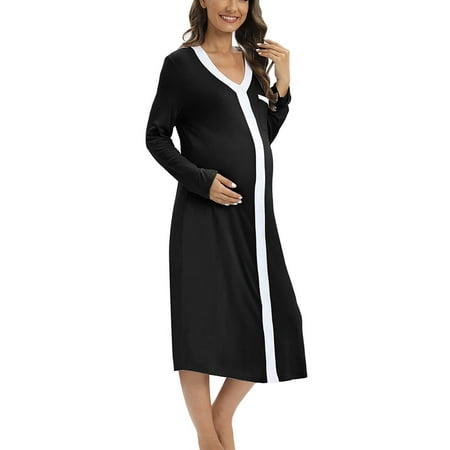 

Women Button Down Breastfeeding Nightgown Long Sleeve Round Neck Maternity Sleepshirt Pregnancy Loungewear Hospital Gown Below Hip Nursing Sleep Dress Labor and Delivery Gown Black S-XXL