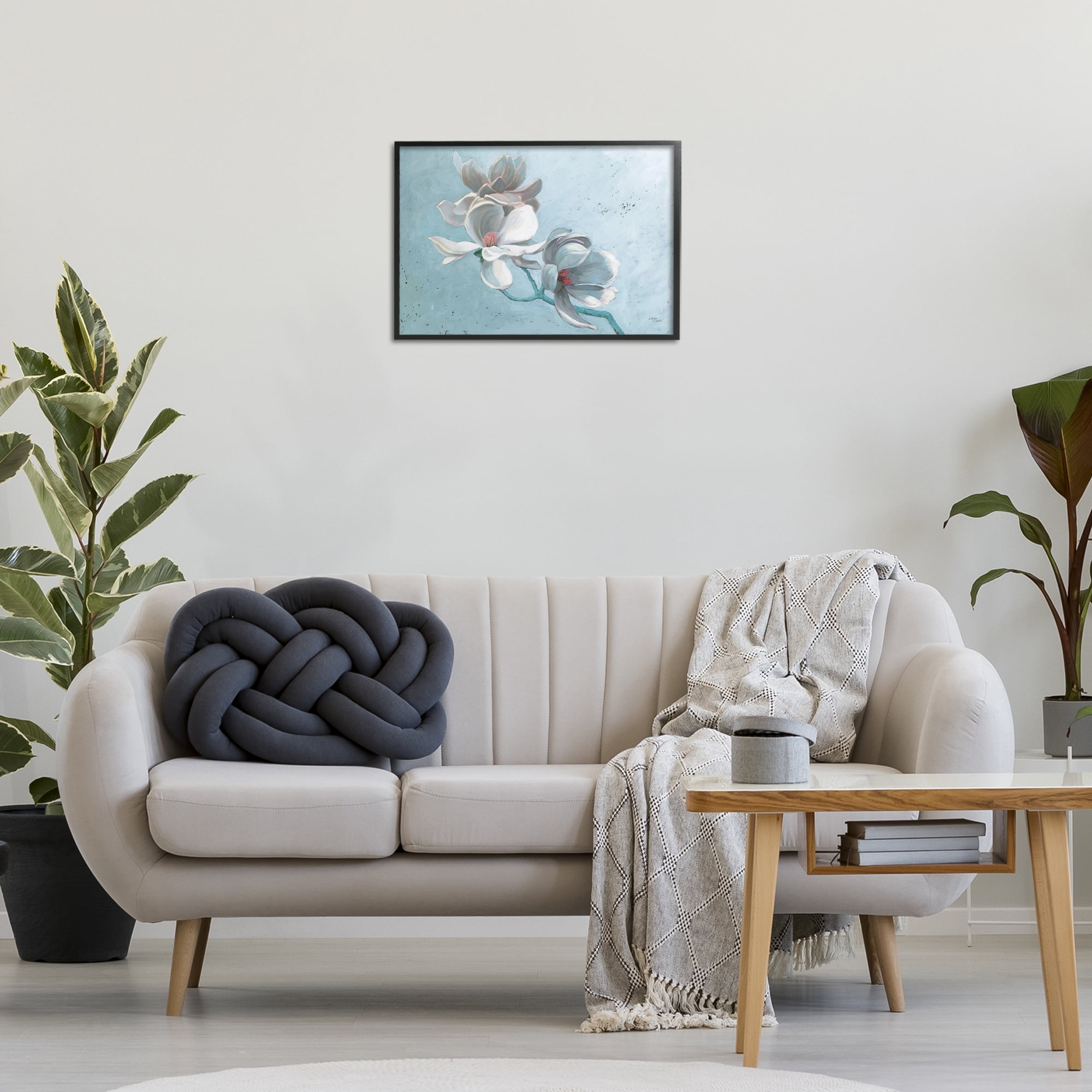Stupell Industries Magnolia Branch on Blue Botanical & Floral Painting Black Framed Art Print Wall Art, 24 x 16