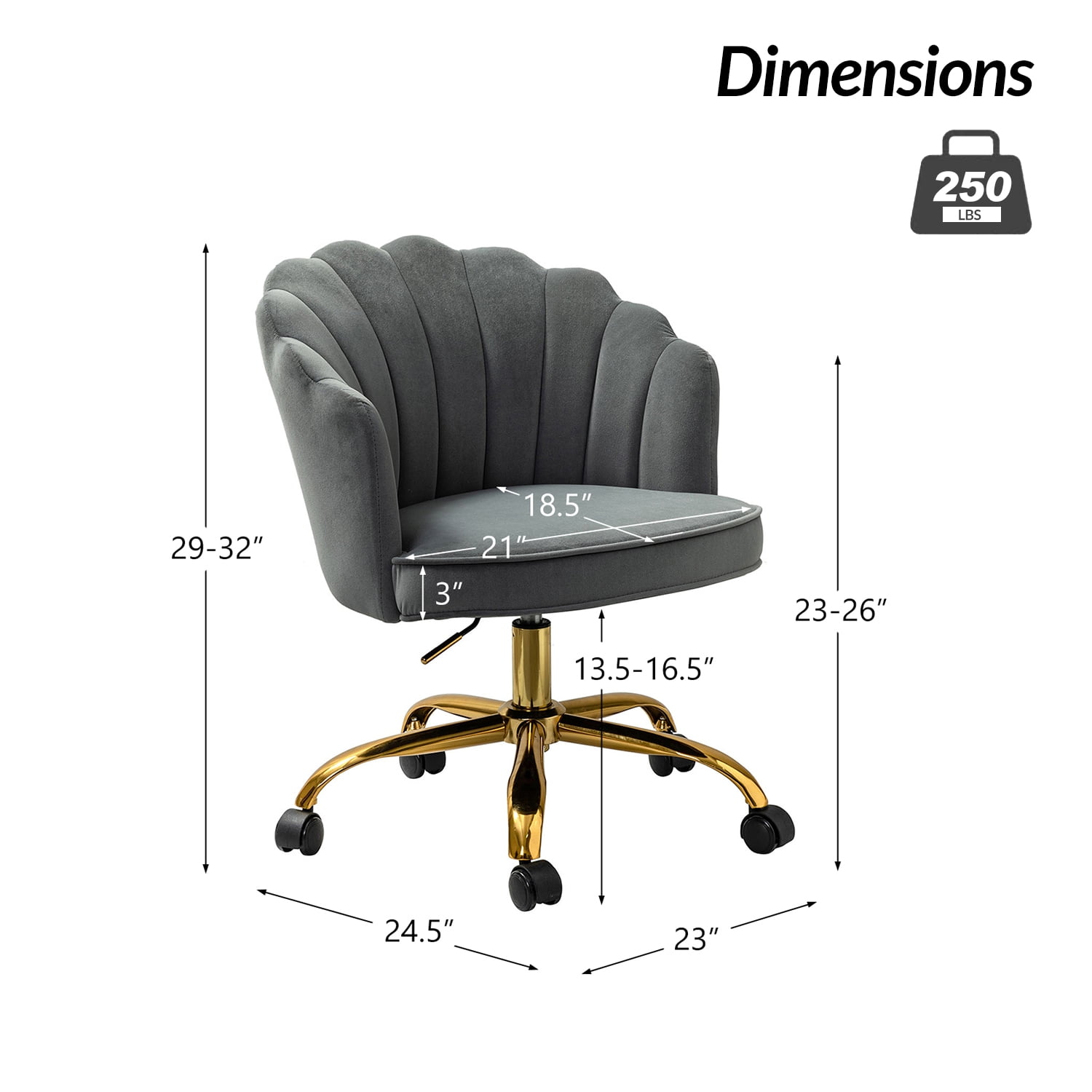 Tina's Home Vanity Makeup Desk Office Chair Velvet Shell Backrest Upholstered Swivel Adjustable Gold Metal Base Bedroom Grey