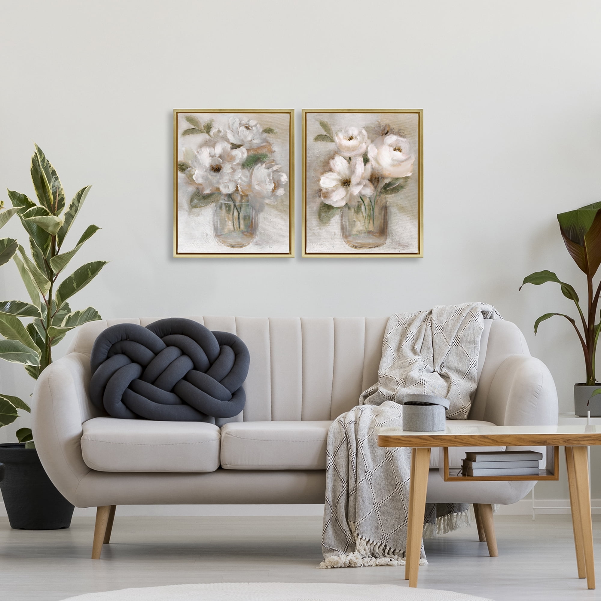 Stupell Industries Brushed White & Beige Roses 2 Piece Gold Framed Floater Canvas Set, design by Nan