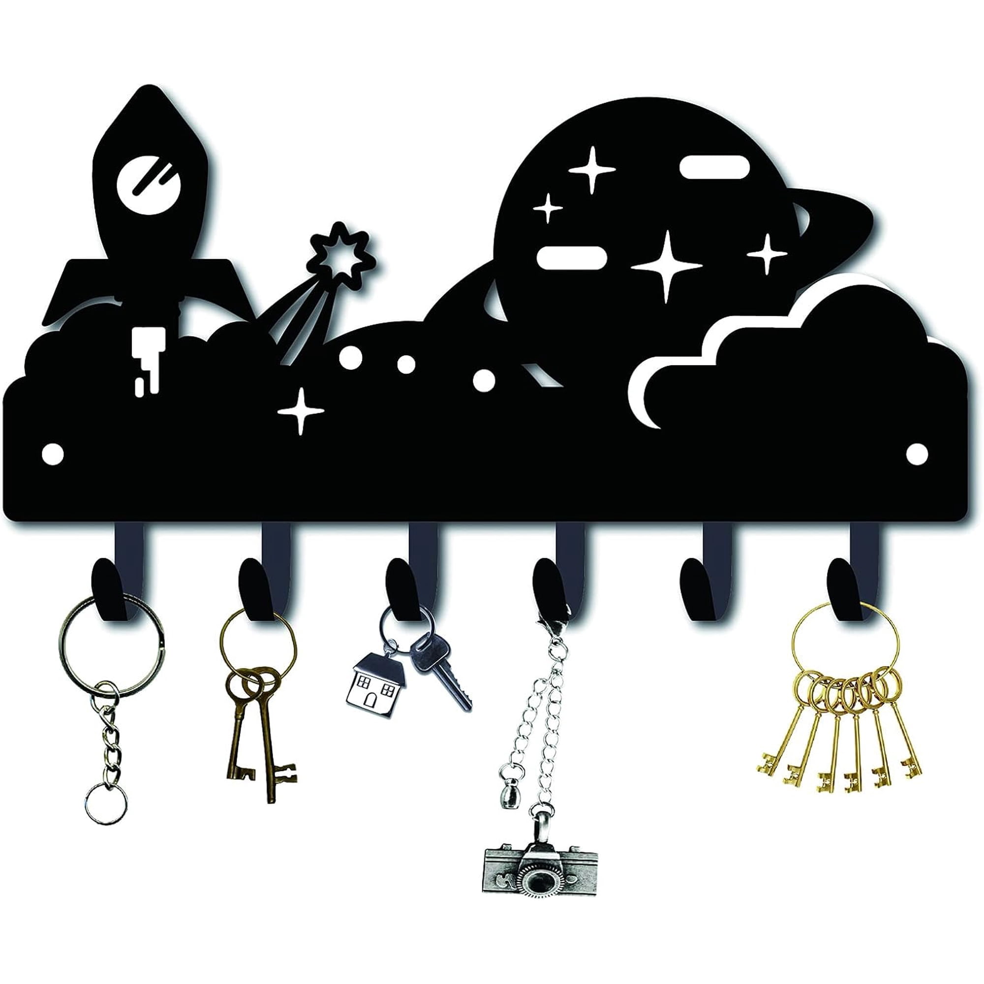 Key Holder Metal Space Theme Universe Space Hook Hanger Wall Decorative Mounted Coat Hanger Design Organizer Rack with 6 Hooks for Wall Bathroom Kitchen Entryway