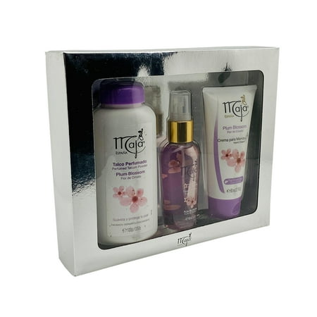 Maja Gift Set Plum Blossom. Body Mist, Hand Cream and Perfumed Talcum Powder. Moisturizes, Refreshes and Keeps your Skin Smooth. Fruity and floral Aroma