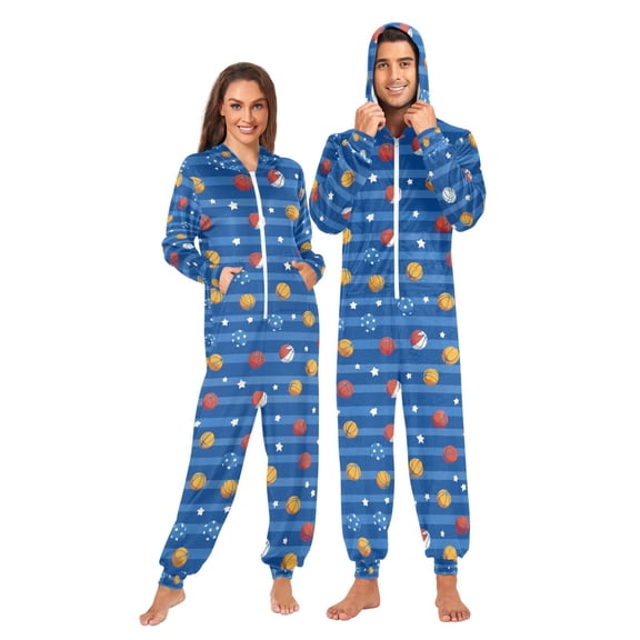 Adult Christmas Onesie Basketball and Stars Adult Zipper One-Piece Pajamas Unisex Pajamas with Pockets