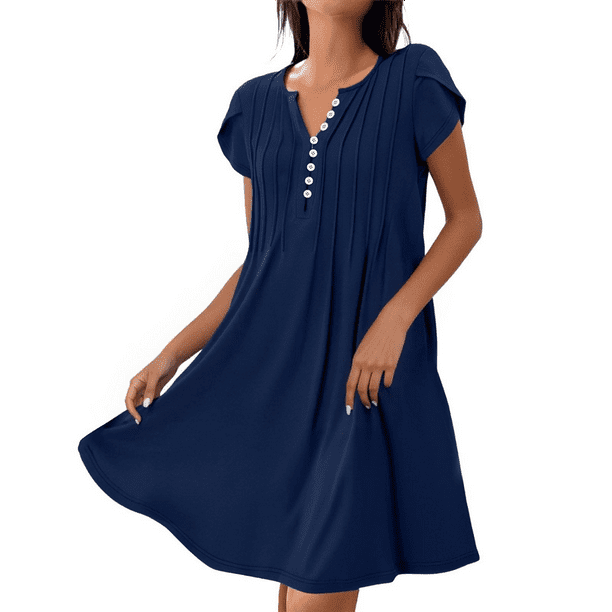 Vestido Tipo Túnica de Verano para Mujer, de Corta, con Botones, Cuello en V, Holgado, Informal, Plisado, Azul Oscuro, Talla M
