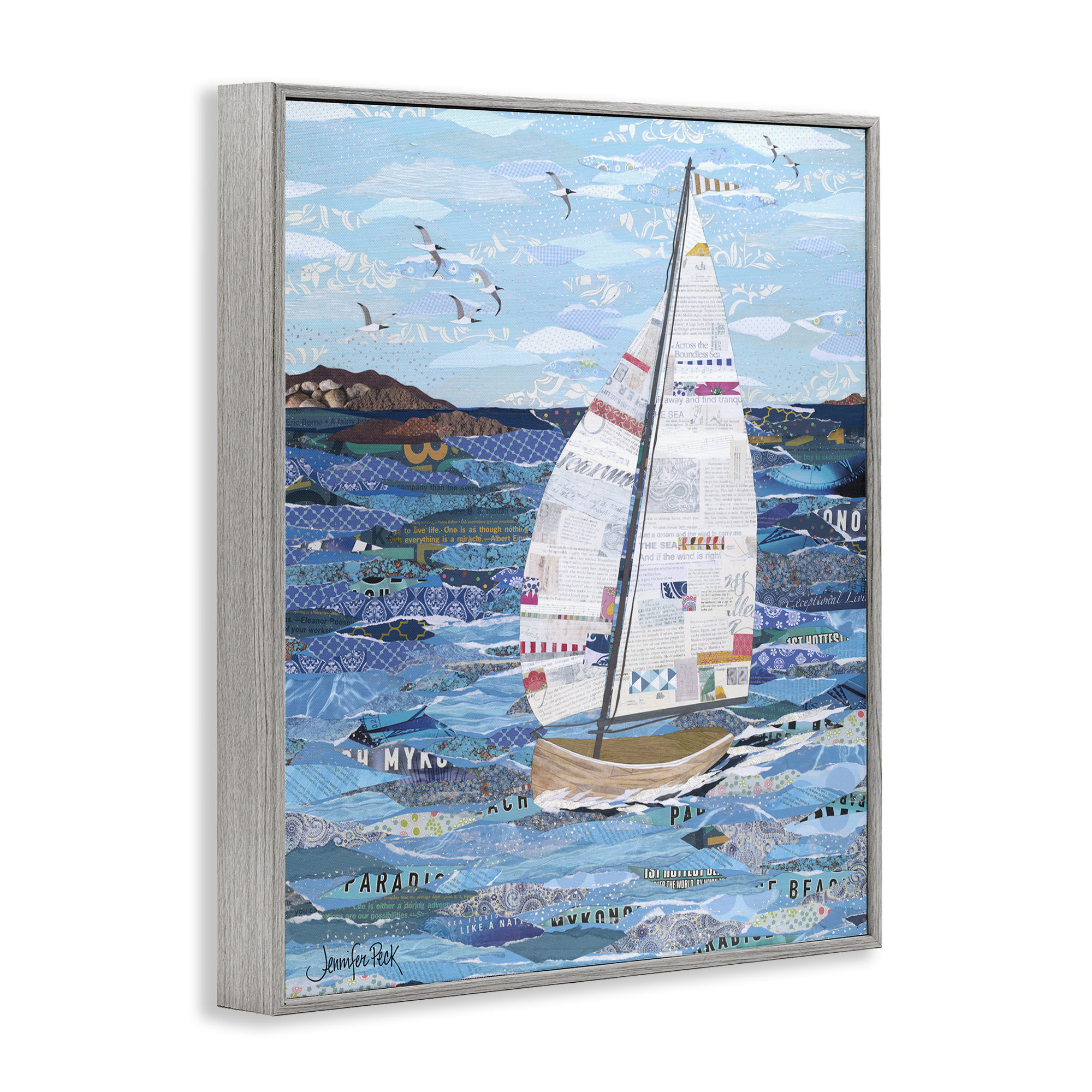 Stupell Industries Collaged Sailboat Scene Transportation Painting Gray Framed Art Print Wall Art, 16 x 20