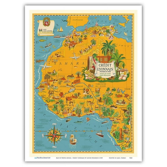Map of North Africa - French Union - Credit Lyonnais - Vintage Pictorial Map by Lucien Boucher c.1939 - Master Art Print (Unframed) 9in x 12in