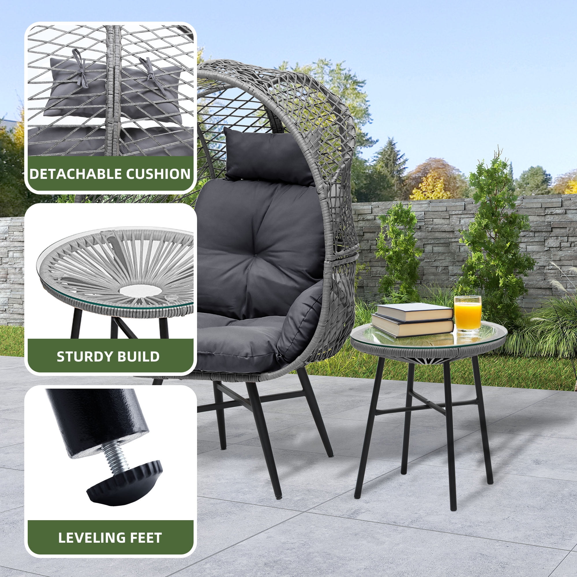 Uforic Wicker Egg Chair Set with a Stand, Comfortable Cushions and a Coffee Table, Suitable for Indoor and Outdoor Use