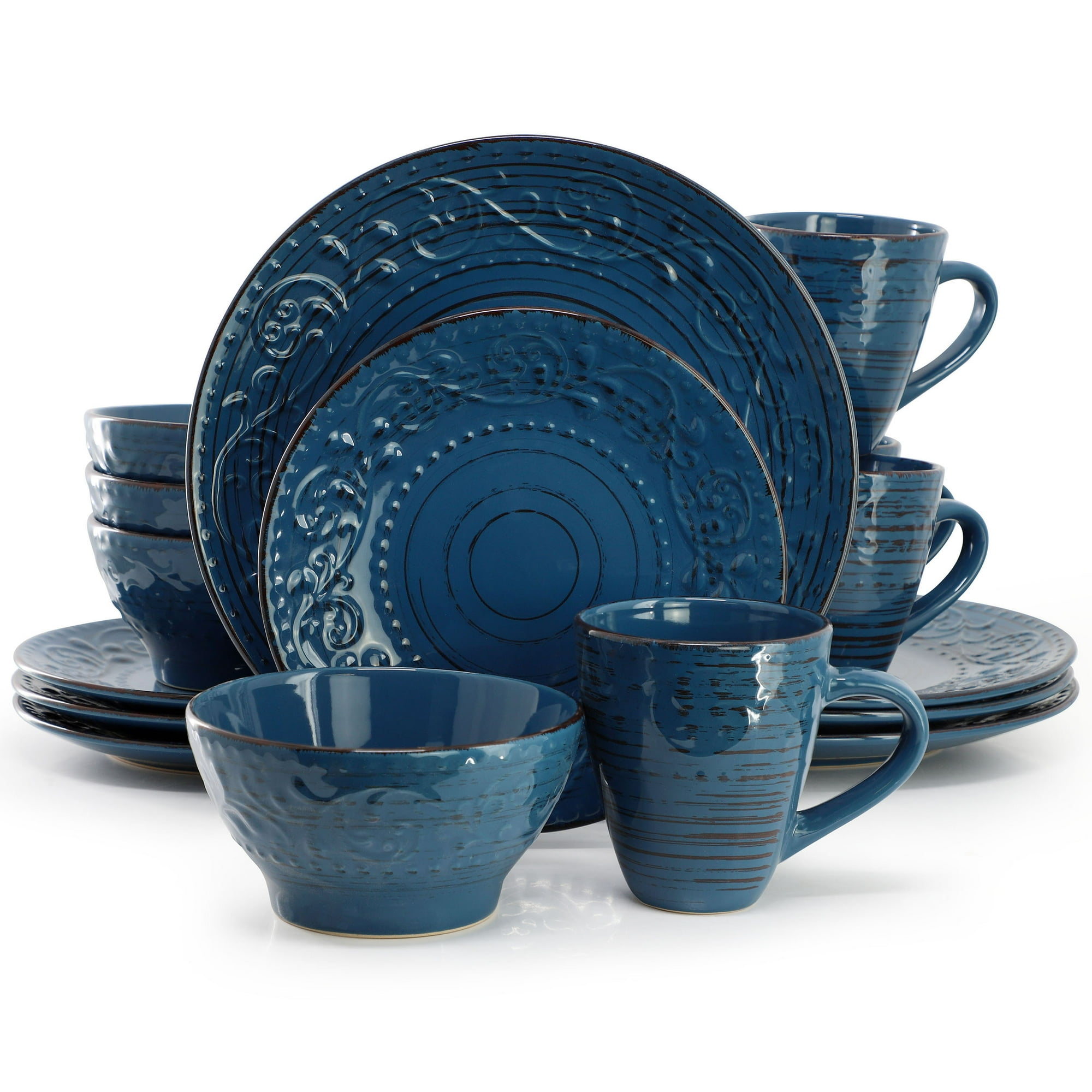 Elama Malibu Sea Glass 16-Piece Stoneware Dinnerware Set in Dark Blue