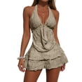 thumbnail image 2 of Womens 3 Piece Swim Suit, Textured Strap Backless Top Ruffled Skirt Bikini Bottom, Summer Travel Swimwear Coffee Swimsuit Bottoms M, 2 of 9