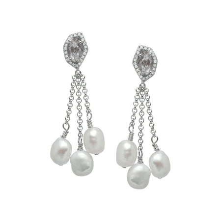 7/8 ct Quartz and 1/8 ct Diamond Drop Earrings with Freshwater Cultured Pearls in Sterling Silver