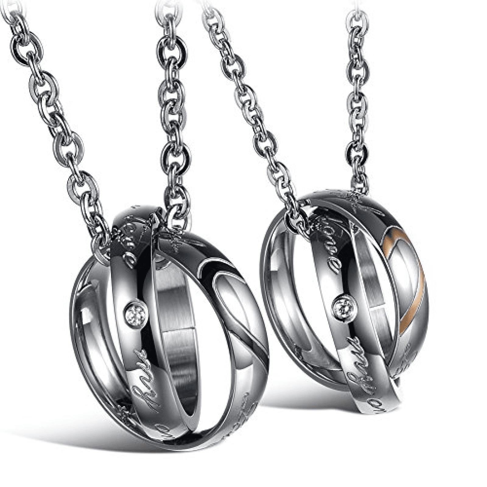 2Pcs His Hers Matching Set Titanium Stainless Steel Couple Pendant Necklace for Men Women Lover Cubic Zirconia CZ Charms Pendant Friendship Promise