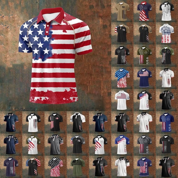 250 Anniversary USA Polo Shirt For Mens American Falg Print Stand Collar Patriotic July 4th Shirts With Button Loose Short Sleeve Holiday Tops Red L
