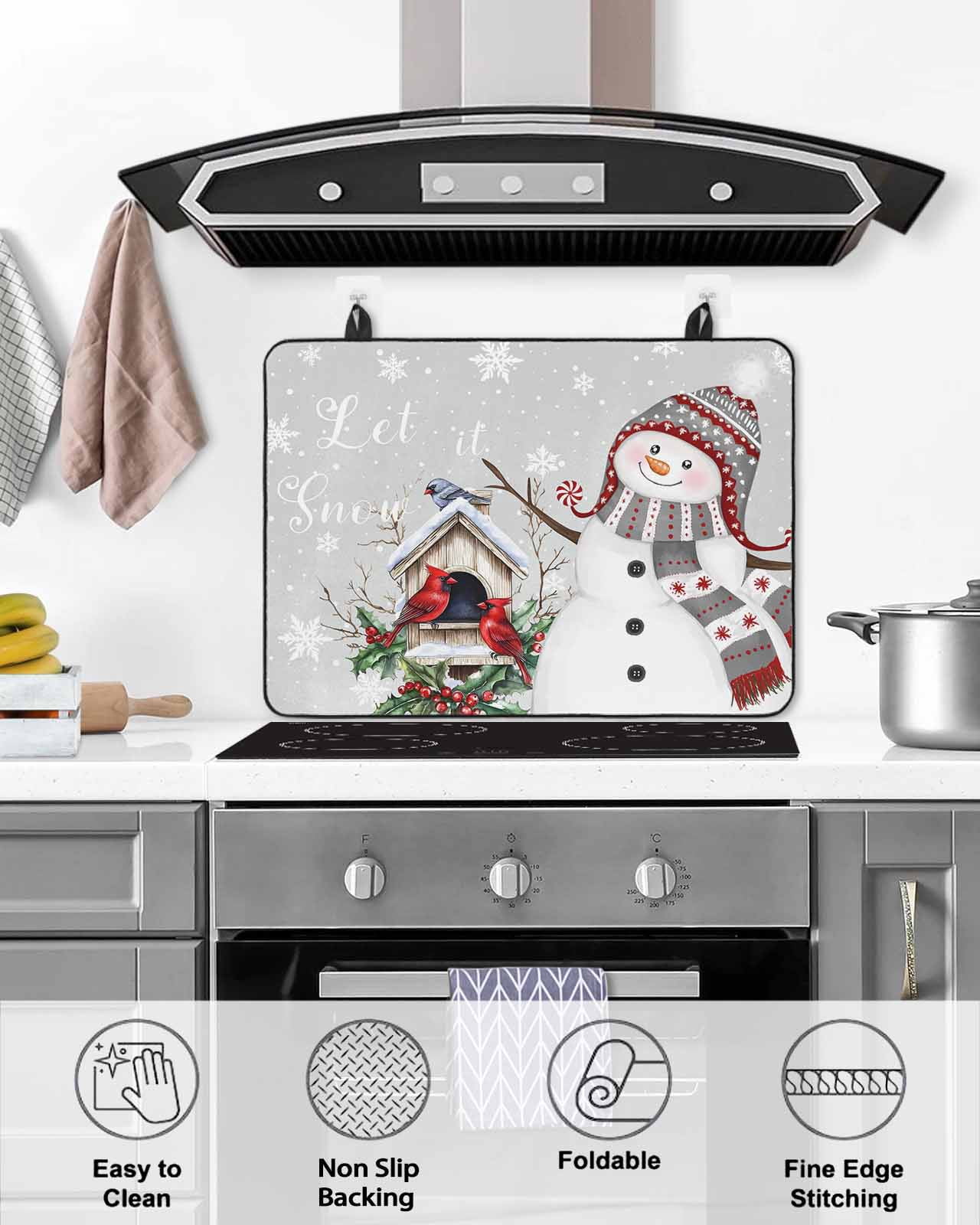 Large Induction Cooktop Protector Mat Grey Snowman Christmas Stove Top Covers for Electric Stove, Xmas Snowflake Birds Berry Winter Decorative Stove Burner Cover Mats, Glass Top Stove Cover