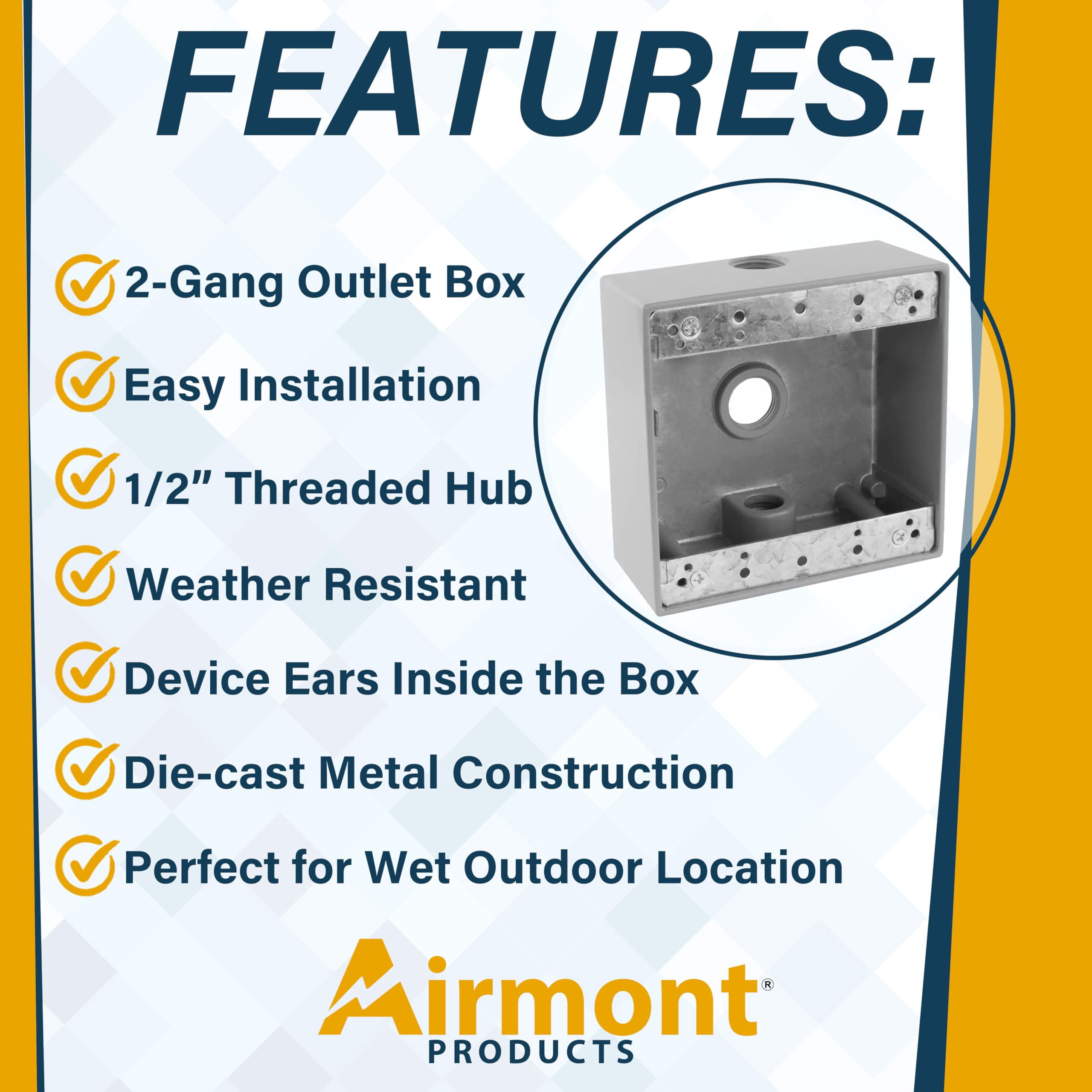 Airmont Weatherproof 2-Gang Outdoor Electrical Box  Solid Die-Cast Aluminum, 3 -In Knockouts, Precision-Machined for Dual Outlets or Switches on Patios, Decks, Garages & Wet-Location Installs