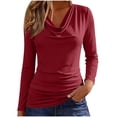 thumbnail image 3 of HongQid Long Sleeve Tunic Top Draped Cowl Neck & Side Ruched Detail Slim Fit Stretchy Shirt Casual Layering Blouse Soft for Women, 3 of 10