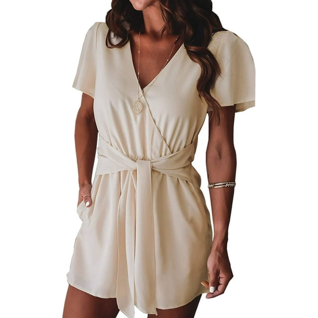 Women's Rompers-Summer Deep V Neck Wrap Floral Polka Dot Short Sleeve Beach Short Jumpsuit