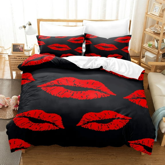 YJHDM Sexy Red Lip Bedding Set 3D Black Duvet Cover Pillowcase 2/3 Pieces for Couples in Men's Rooms