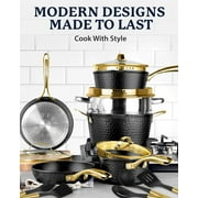 Granitestone 15 Pc Hammered Pots and Pans Set Non stick Cookware Set Pot and Pan Set Nonstick with Utensils, Induction Ready & Dishwasher Safe, Charleston Collection, Black