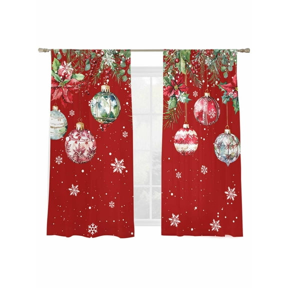 Christmas Balls Red Sheer Curtains 2 Panels Set, Winter Poinsettia Fir Tree Snowflakes Window Sheer Curtains for Living Room/Bedroom, Light Filtering Rod Pocket Voile Drapes, 52" W x 72" L