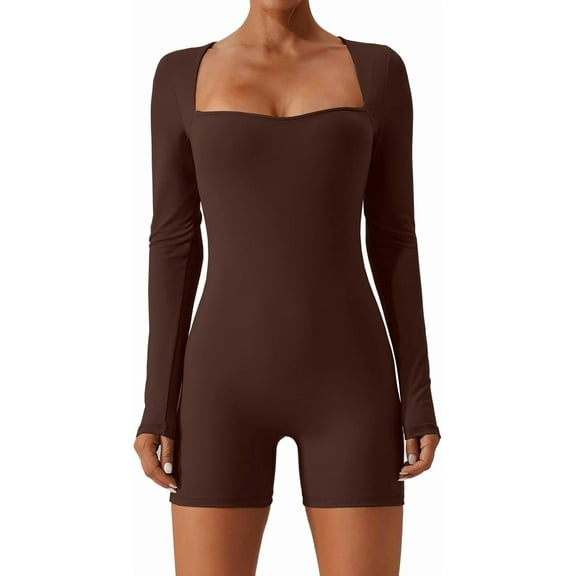 Women's Long Sleeve Rompers Sexy Square Neck Bodycon Jumpsuit Stretchy Unitard One Piece Seamless Shapewear