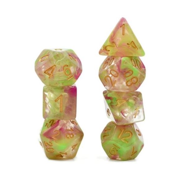 Foam Brain Games Poly Set - Green and Rose Red w/Gold (7) New