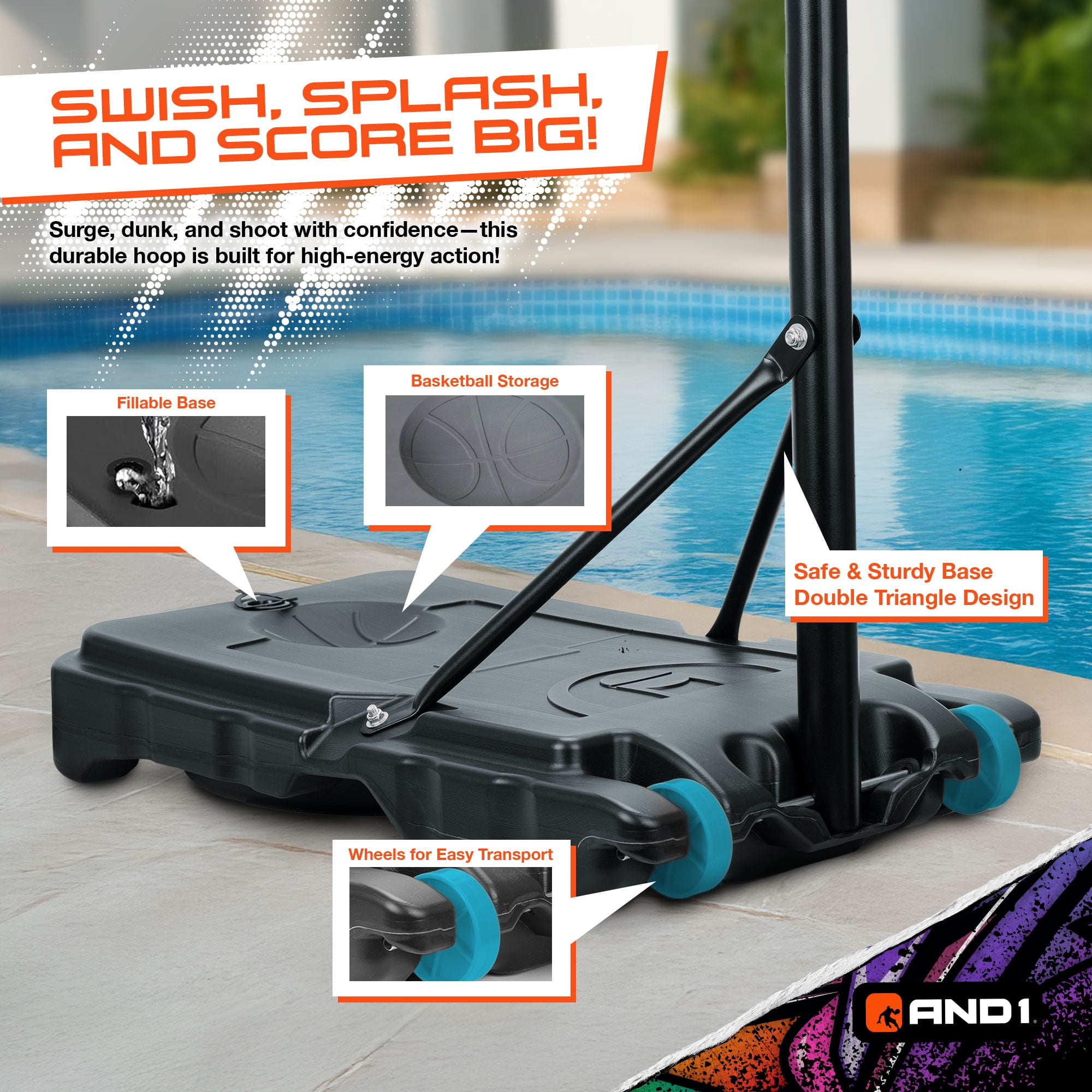 AND1 Adjustable Poolside Basketball Hoop, Shatterproof Grade 27" Backboard, All Weather Design