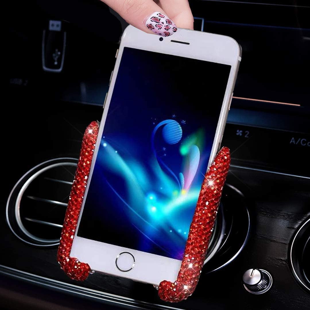 Bling Car Phone Holder White Car Air Vent Automatic Phone Mount PU Leather Adjustable Crystal Universal Rhinestone Auto Car Stand Phone Holder Cute Car Accessories 