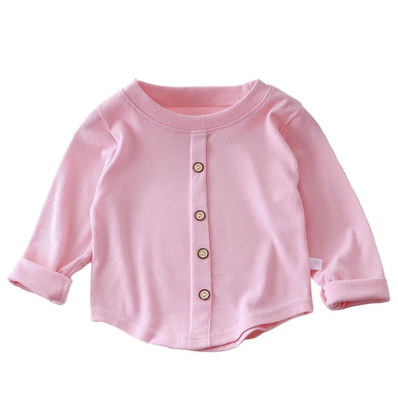 zbxnLI Girls Long Sleeve Shirts Button down Crew Neck Casual Tops Solid Color Cute Undershirts for Kids 1-10 Year
