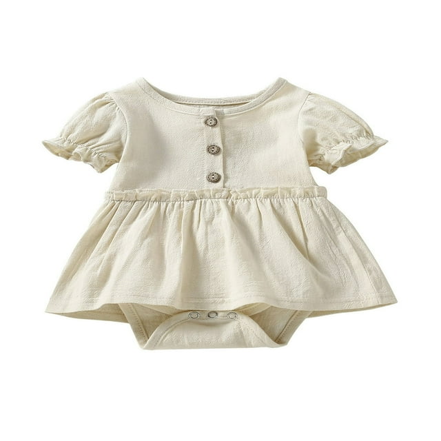 Newborn Baby Girl Cotton Romper Dress Short Sleeve Solid Color Button Tutu Bodysuit Infant Summer Basic Dress