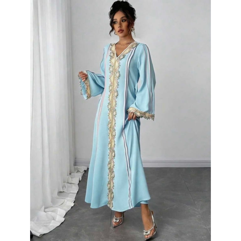 Light Wash Womens Loose V-Neck Embroidered Long Sleeve Robe Dress, Turkish  Style House Gown With Lace Trim