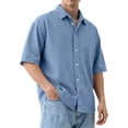 thumbnail image 2 of Domuza Mens Textured Short Sleeve Shirts Corduroy Casual Solid Button Polo Shirt Comfy Wrinkle Free Tops Light Blue 5XL, 2 of 7
