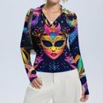 thumbnail image 4 of Womens Mardi Gras Shirts Carnival Feathers Print Long Sleeve Blouse Sequins V Neck Green Tunic Tops Dark Blue L, 4 of 7