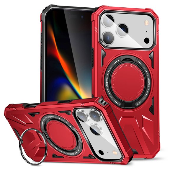 Armor Stand Case for iPhone 17 Pro,[Compatible with MagSafe] Military Shockproof Rugged Phone Case,Magnetic with Car Mount,Built in 360° Rotatable Ring Kickstand,Red