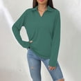 thumbnail image 2 of ManxiVoo Classic Notched Collar Long Sleeve T Shirt with Pocket Relaxed Loose Fit Casual Solid Color Top for Women Lightweight Fabric L Size Blackish Green, 2 of 5