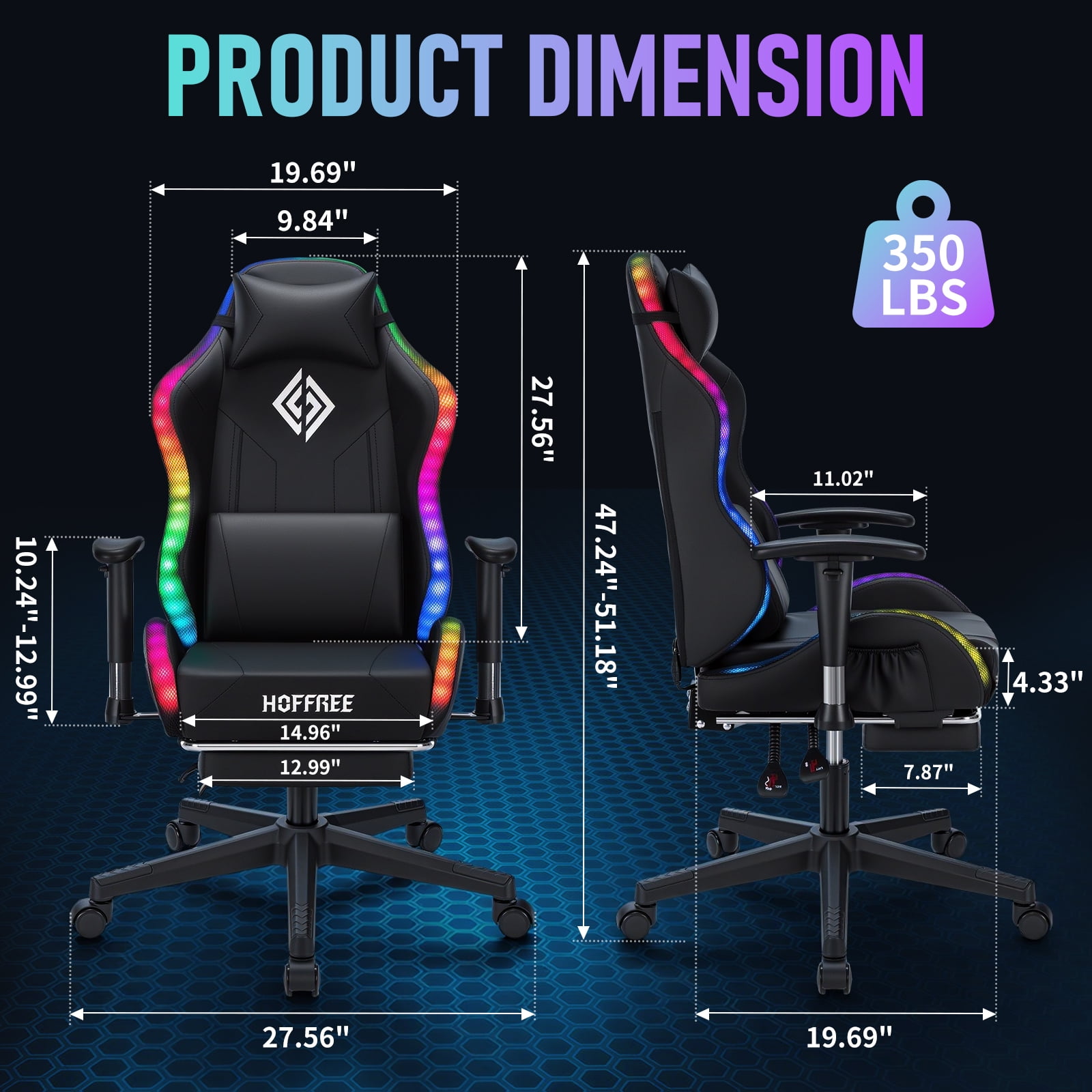 Hoffree LED Gaming Chair for Kids 8-14 Gaming Chairs for Teens with Adjustable Headrest and Lumbar Support Ergonomic PU Leather Kids Gaming Chair with Led Lights