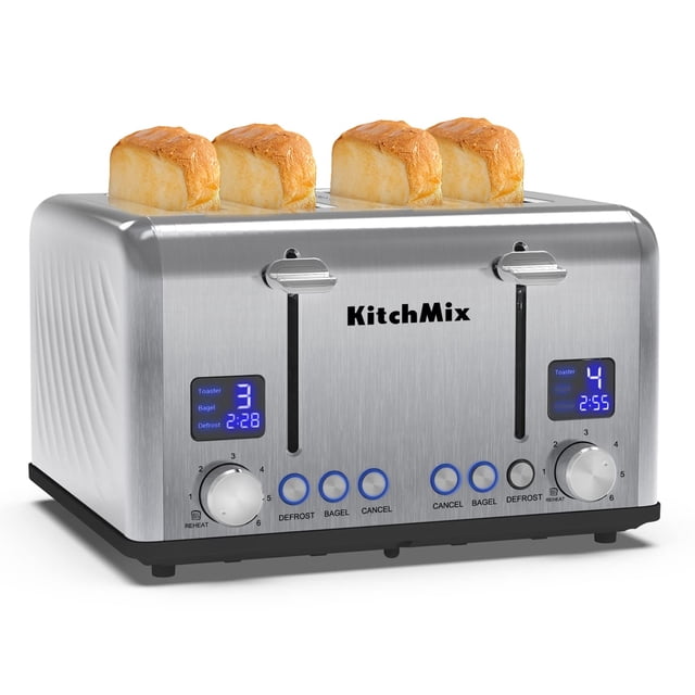 tostador de 4 rebanadas, KitchMix Bagel tostador de acero inoxidable con temporizador LCD, ranuras extra anchas, visualización doble, bandeja de extracción de migas (acero inoxidable)
