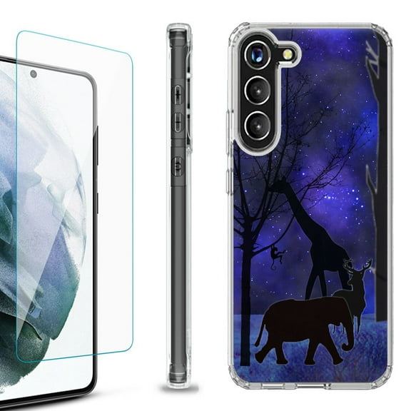OneToughShield ® for Samsung Galaxy S23  S23 Plus 5G Shockproof Bumper Phone Case, with Tempered Glass Screen Protector - Midnight Safari