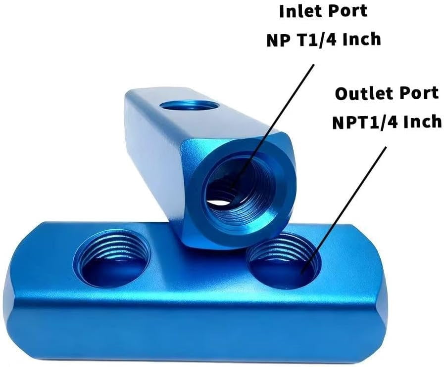 MKEUDQ-2PCS 1/4" 2 Way 5 Port Hose Inline Manifold Block Splitter, Pneumatic Air Compressor Manifold, Aluminum Air Distribution Manifold,Blue (2 Way 5 Port)