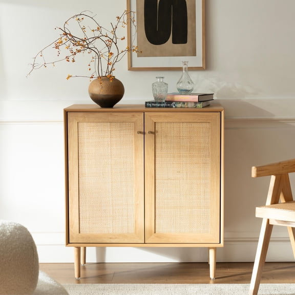 EYYTHUNG Accent Storage Cabinet with Rattan Doors, Small Sideboard Boho Buffet Kitchen Bar Cabinet, Natural Oak