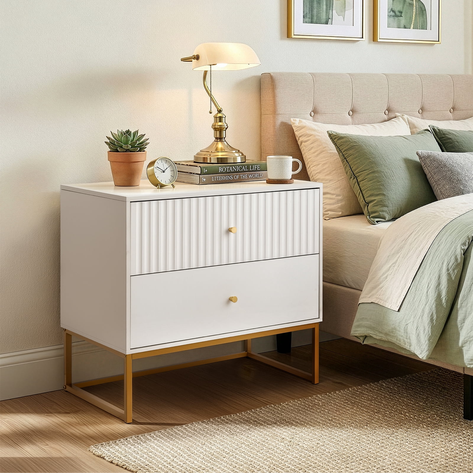 Ktaxon Solid Wood Nightstand with 2 Drawer  Modern Side End Table, for Bedroom, White Nightstand