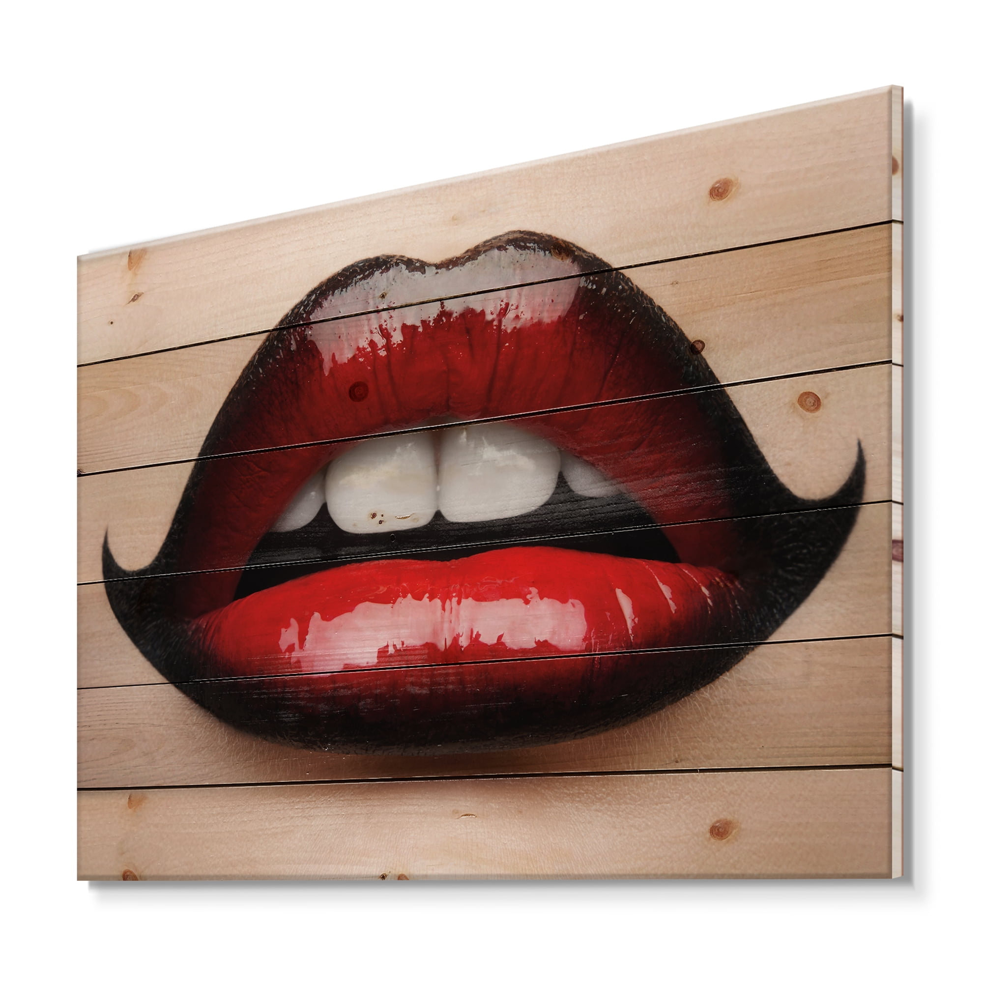 Designart 'Woman Lips With Red and Black Lipstick' Modern Print on Natural Pine Wood