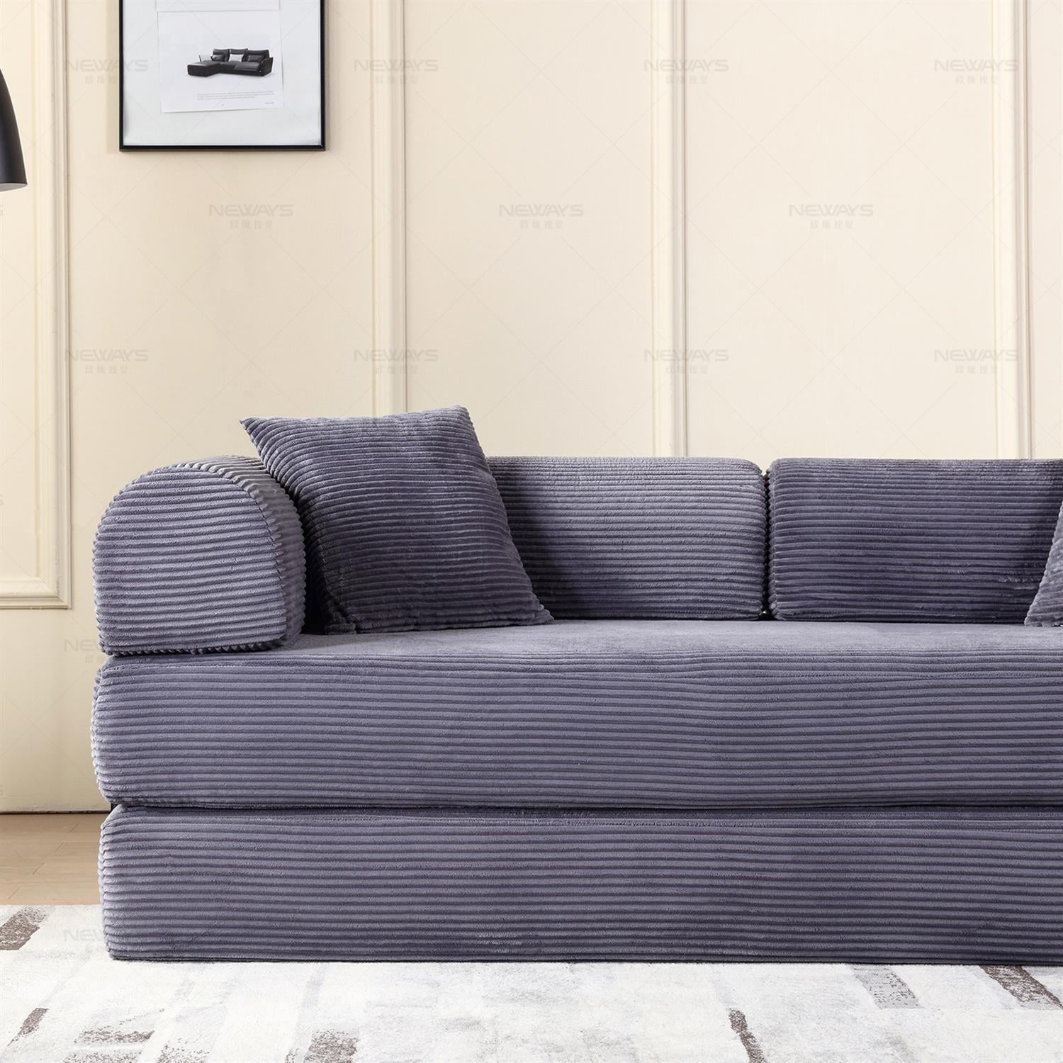 Demi Bonn 77" Convertible Sleeper Sofa Bed, Corduroy Foldable Mattress Couch with Cylindrical Pillow & Fixed Frame for Living Room, Bedroom, Gray