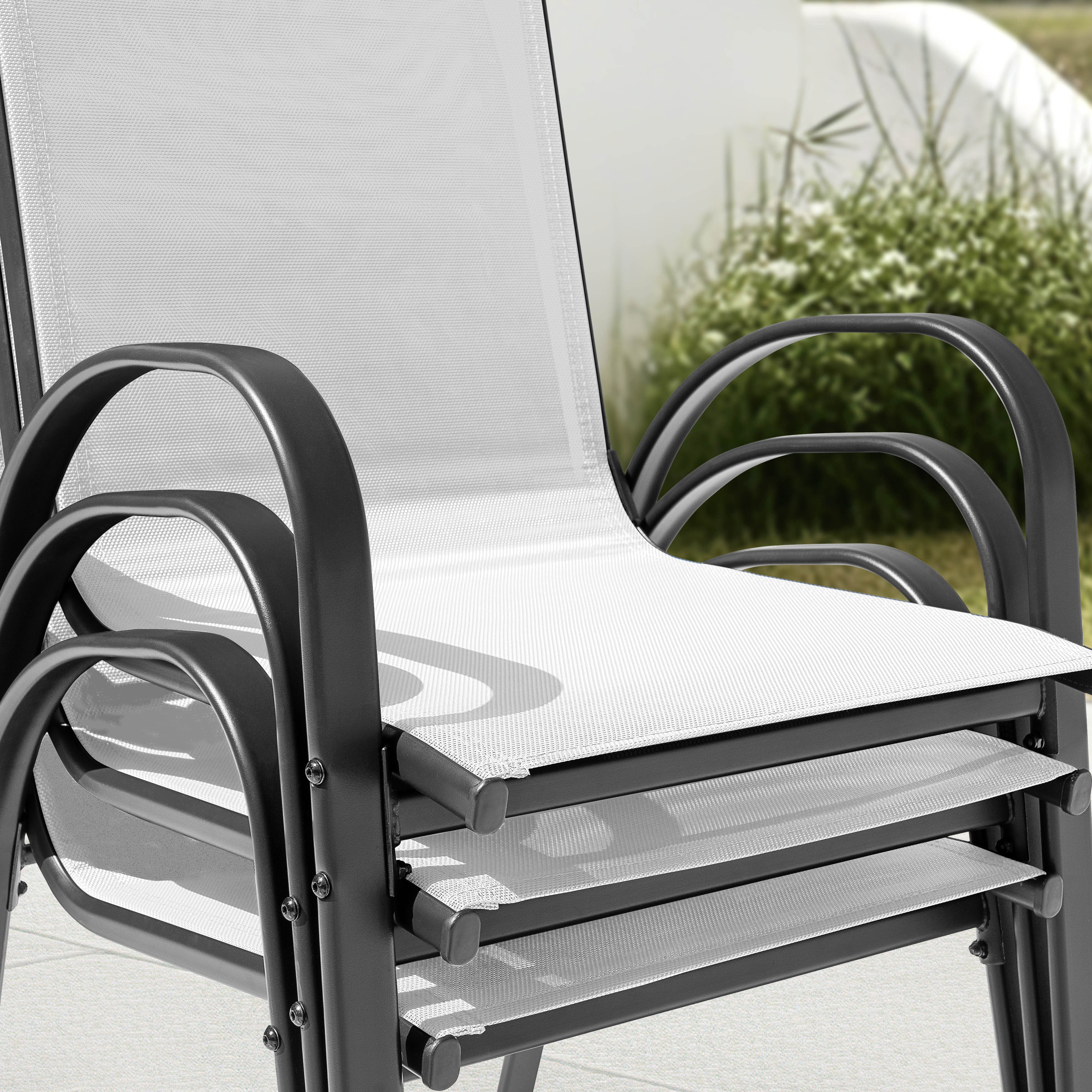 Nuu Garden Patio Chairs Set of 4, Outdoor Stackable Dining Chairs for All Weather, High-Density Textilene Outdoor Chair Set with Armrests for Backyard Porch Poolside Garden, Gray and Black