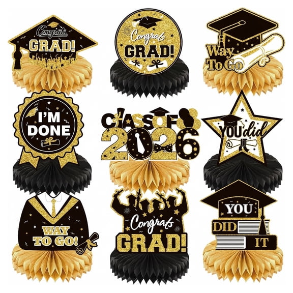 Forfamy Graduation Party Supplies Set, 9Pcs Graduation Themed Honeycomb Centerpiece 3D Table Toppers Graduation Party Decorations